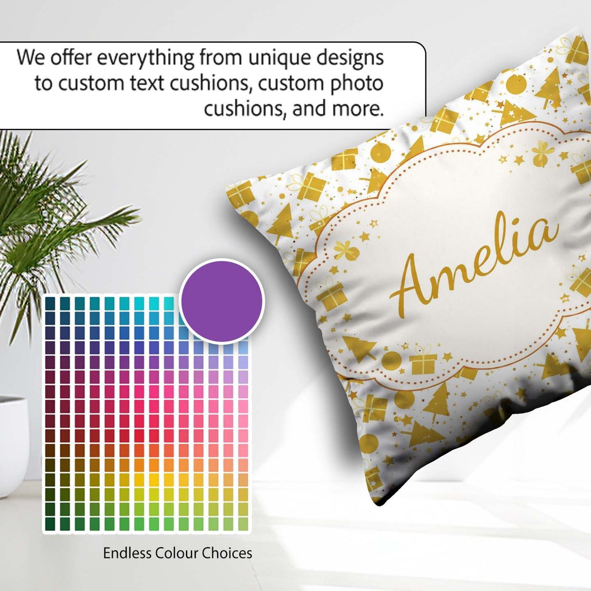 Custom Name Gold Christmas Icons Pattern White Background Lovely Square Filled Cushion Throw Pillow Sofa Bed Home Decor Zip Washable UK Made
