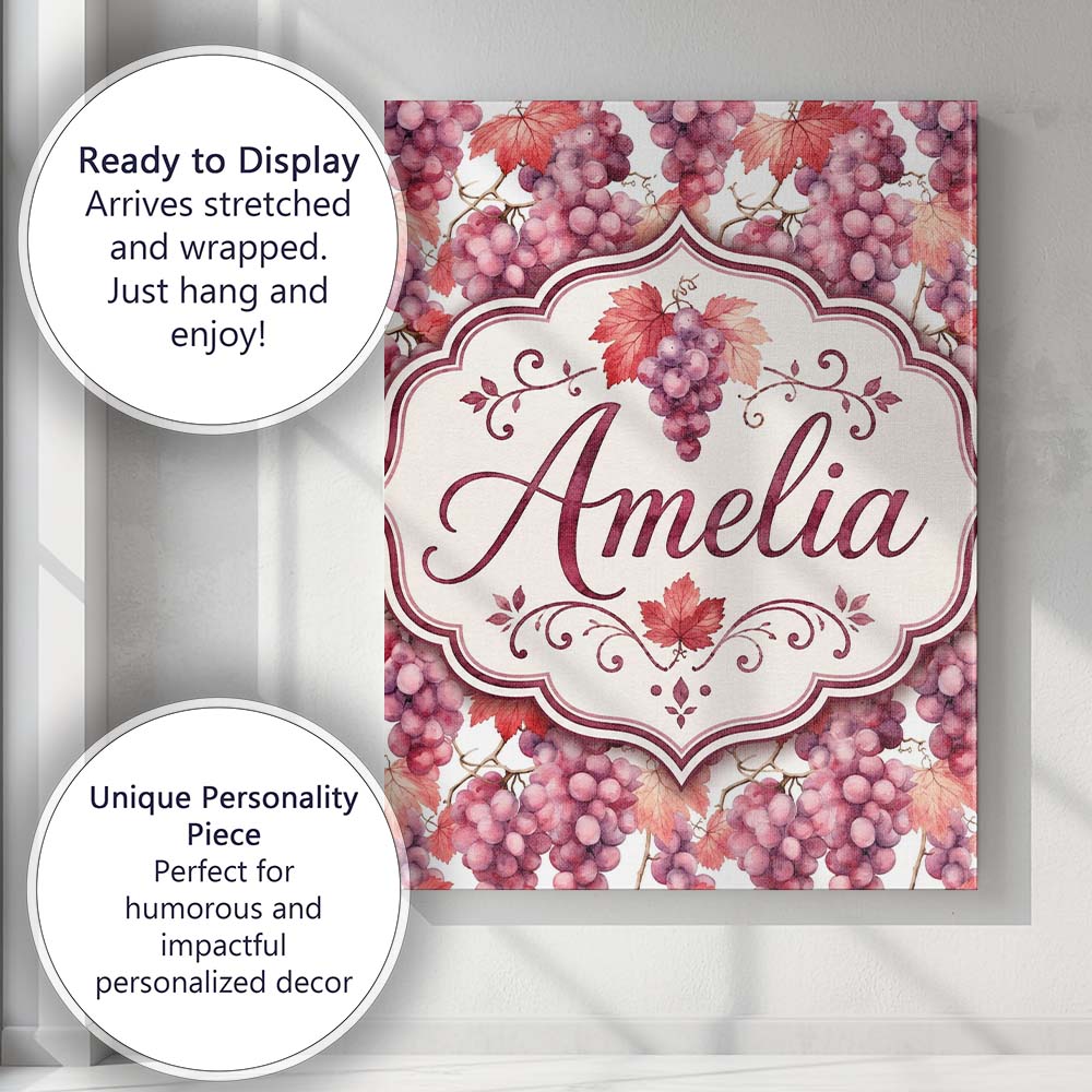 Personalised Name Realistic Purple Grapes Custom  Unique Gift Idea Elegant Feature Canvas Wall Art Print Decor Picture Ready to Hang