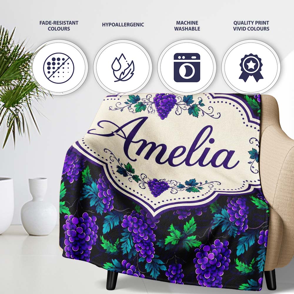 Soft Pink Watercolour Grapes Botanical Seamless Pattern Lovely  Personalised Custom Name Super Soft Fleece Blanket Bed Sofa Throw