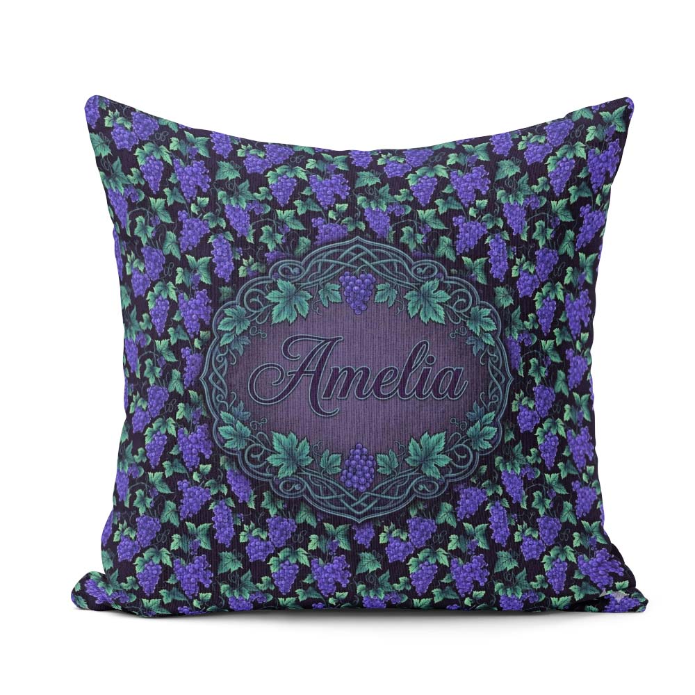 Custom Name Vibrant Neon Purple Grapes on Dark Seamless Pattern Square Filled Cushion Throw Pillow Sofa Bed Home Decor Zip Washable UK Made