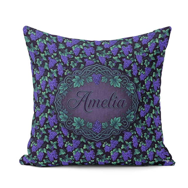Custom Name Vibrant Neon Purple Grapes on Dark Seamless Pattern Square Filled Cushion Throw Pillow Sofa Bed Home Decor Zip Washable UK Made