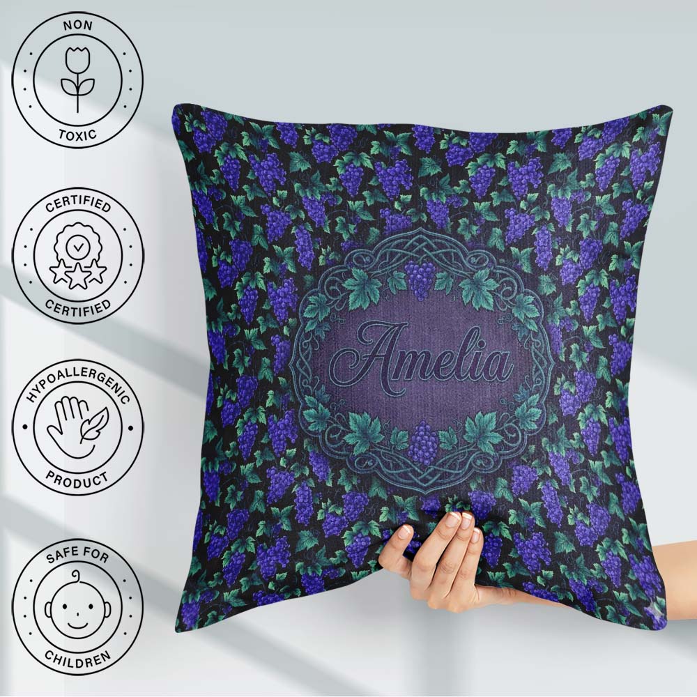 Custom Name Vibrant Neon Purple Grapes on Dark Seamless Pattern Square Filled Cushion Throw Pillow Sofa Bed Home Decor Zip Washable UK Made