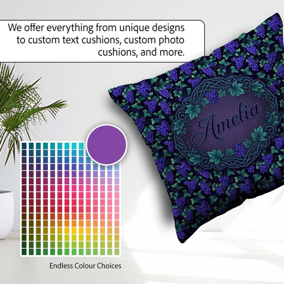 Custom Name Vibrant Neon Purple Grapes on Dark Seamless Pattern Square Filled Cushion Throw Pillow Sofa Bed Home Decor Zip Washable UK Made