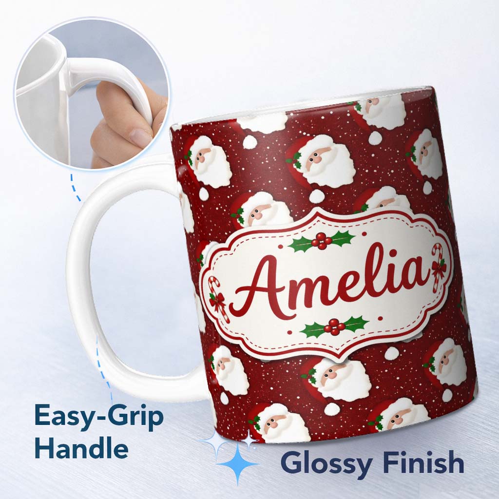 Personalized Custom Name Santa Face Red Snow Background Christmas Seamless Pattern Lovely 11oz Ceramic Coffee Tea Mug White Large Handle