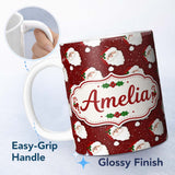 Personalized Custom Name Santa Face Red Snow Background Christmas Seamless Pattern Lovely 11oz Ceramic Coffee Tea Mug White Large Handle