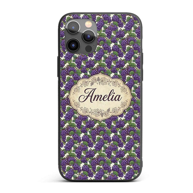 Rich Purple Grapes with Green Leaves on Black Custom Name Protective Phone Case Mobile Cover Durable Everyday Smartphone Shock Resistant
