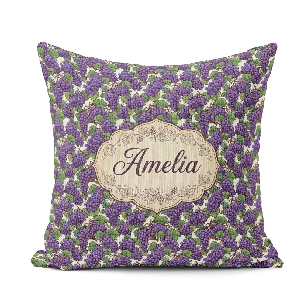 Custom Name Rich Purple Grapes with Green Black Seamless Pattern Square Filled Cushion Throw Pillow Sofa Bed Home Decor Zip Washable UK Made