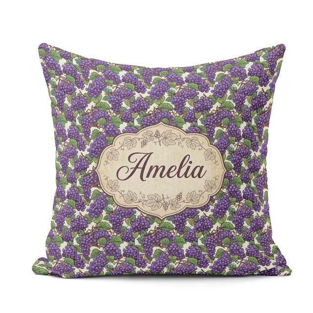 Custom Name Rich Purple Grapes with Green Black Seamless Pattern Square Filled Cushion Throw Pillow Sofa Bed Home Decor Zip Washable UK Made