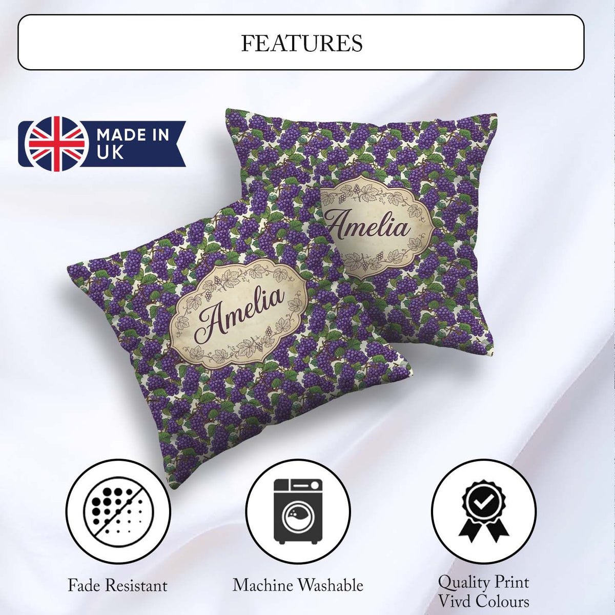 Custom Name Rich Purple Grapes with Green Black Seamless Pattern Square Filled Cushion Throw Pillow Sofa Bed Home Decor Zip Washable UK Made