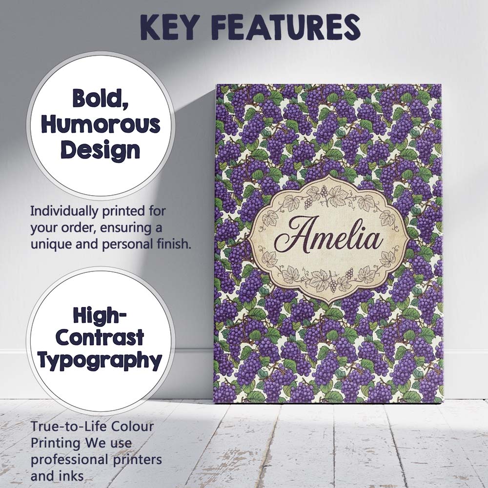 Personalised Name Rich Purple Grapes with Custom  Unique Gift Idea Elegant Feature Canvas Wall Art Print Decor Picture Ready to Hang