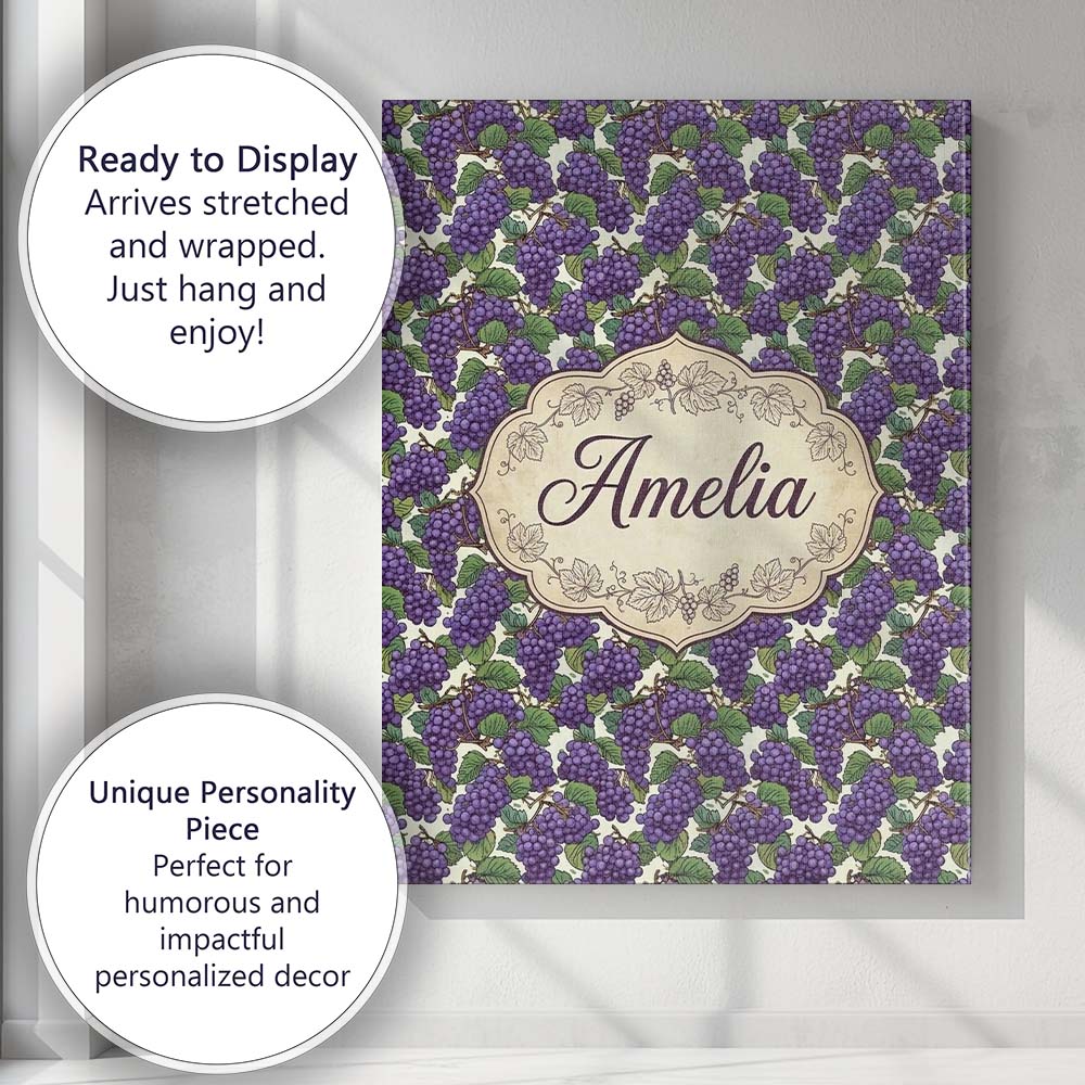 Personalised Name Rich Purple Grapes with Custom  Unique Gift Idea Elegant Feature Canvas Wall Art Print Decor Picture Ready to Hang