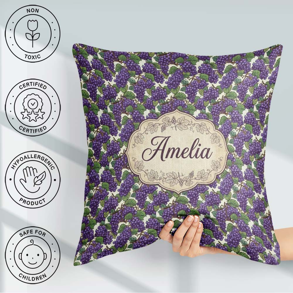 Custom Name Rich Purple Grapes with Green Black Seamless Pattern Square Filled Cushion Throw Pillow Sofa Bed Home Decor Zip Washable UK Made
