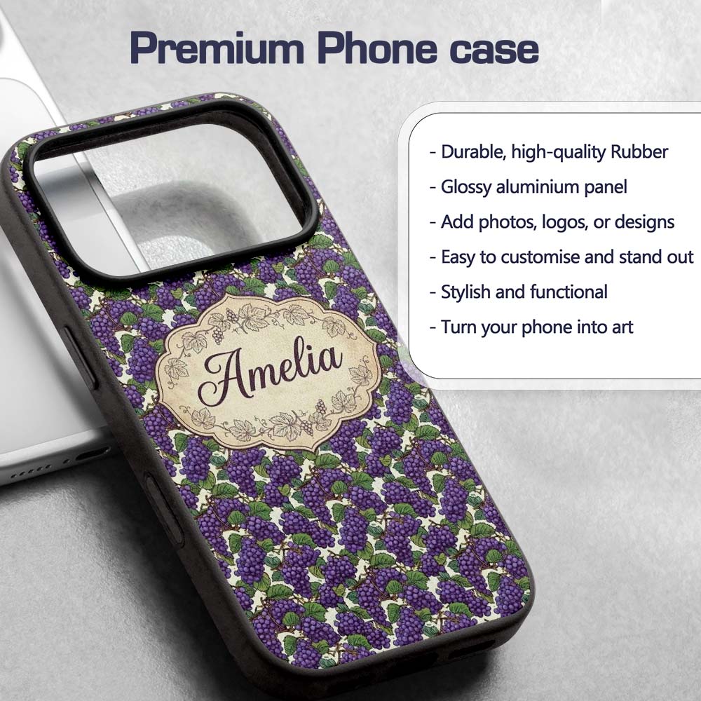 Rich Purple Grapes with Green Leaves on Black Custom Name Protective Phone Case Mobile Cover Durable Everyday Smartphone Shock Resistant