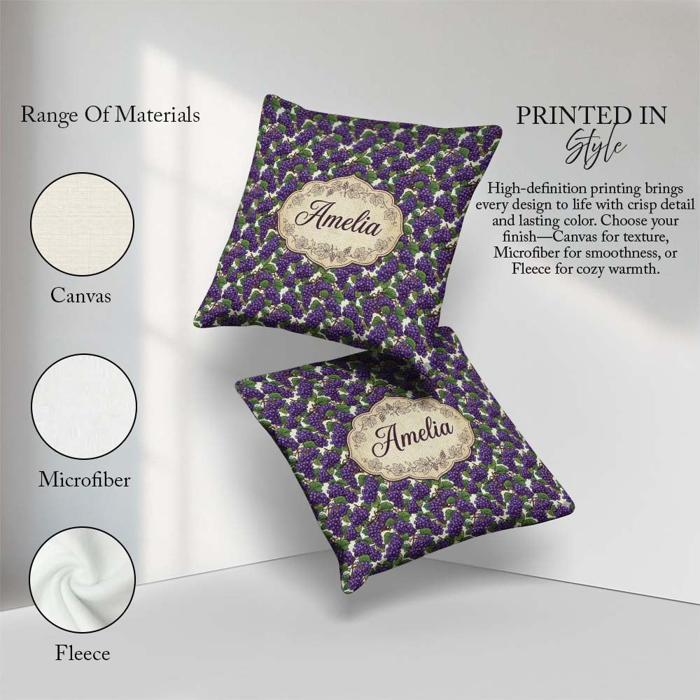 Custom Name Rich Purple Grapes with Green Black Seamless Pattern Square Filled Cushion Throw Pillow Sofa Bed Home Decor Zip Washable UK Made
