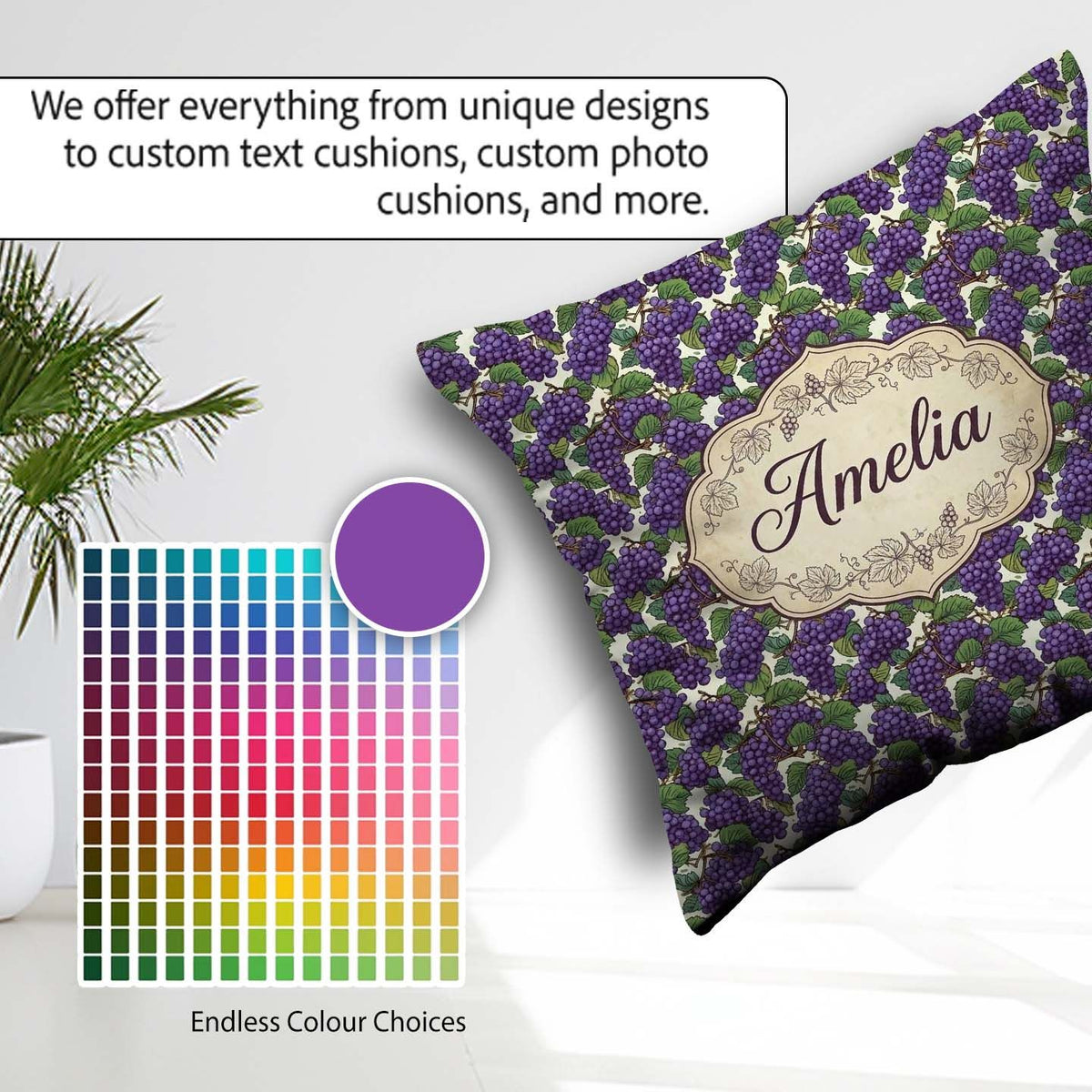 Custom Name Rich Purple Grapes with Green Black Seamless Pattern Square Filled Cushion Throw Pillow Sofa Bed Home Decor Zip Washable UK Made