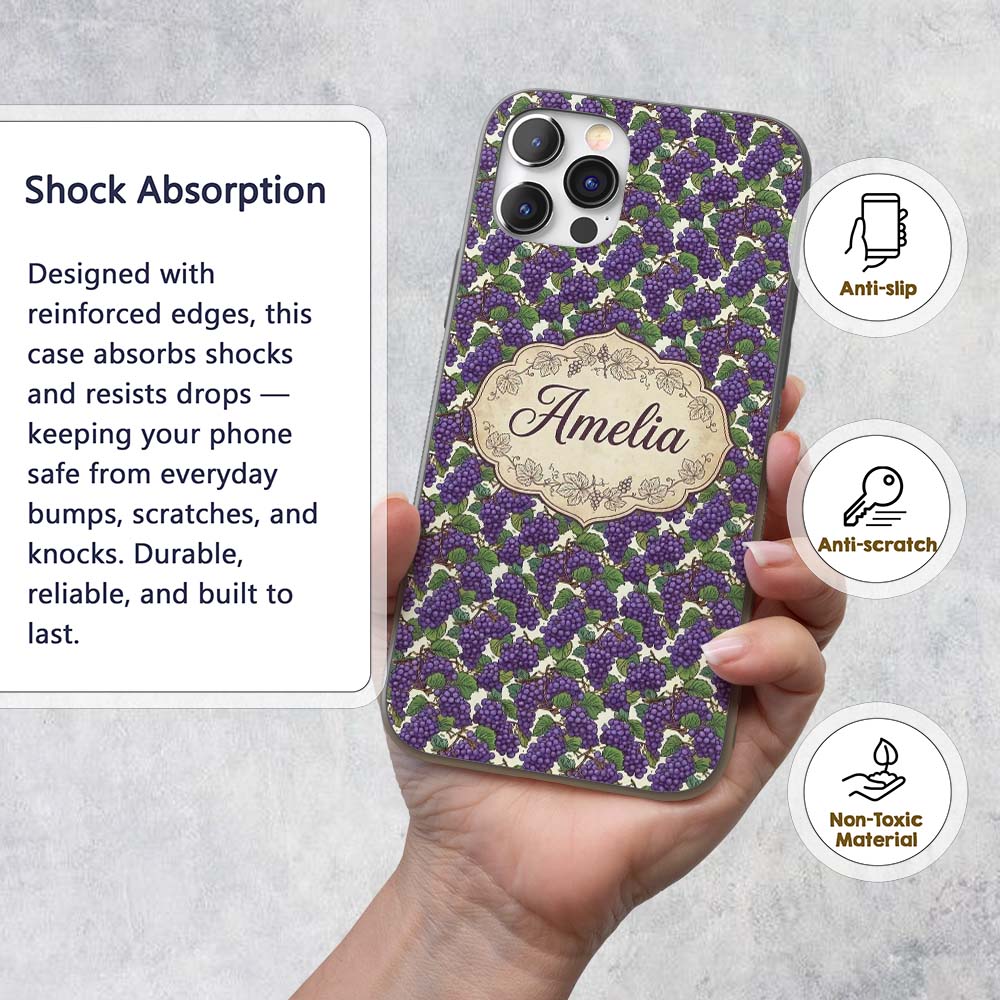 Rich Purple Grapes with Green Leaves on Black Custom Name Protective Phone Case Mobile Cover Durable Everyday Smartphone Shock Resistant