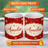 Personalized Custom Name Gold Glitter Stars on Red Background Seamless Pattern Design Festive 11oz Ceramic Coffee Tea Mug White Large Handle