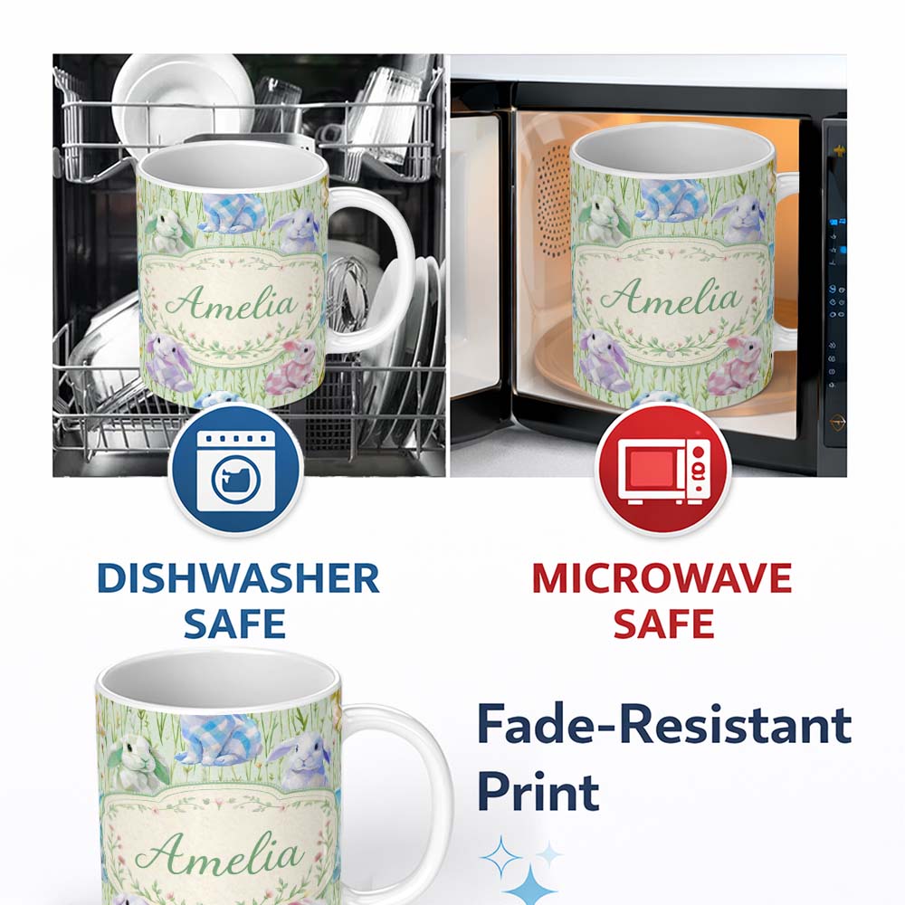 Personalized Custom Name Pastel Bunny Meadow Spring Seamless Pattern Charming Kitchen Decor 11oz Ceramic Coffee Tea Mug White Large Handle