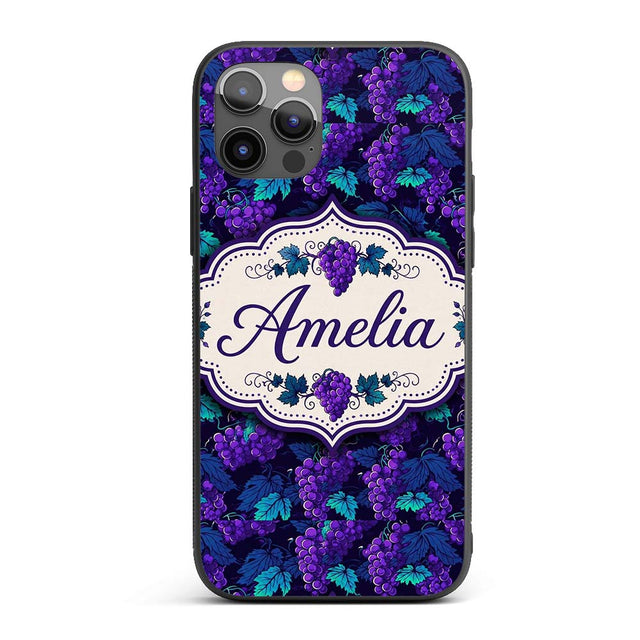 Teal Leaves and Purple Grapes Decorative Seamless Custom Name Protective Phone Case Mobile Cover Durable Everyday Smartphone Shock Resistant