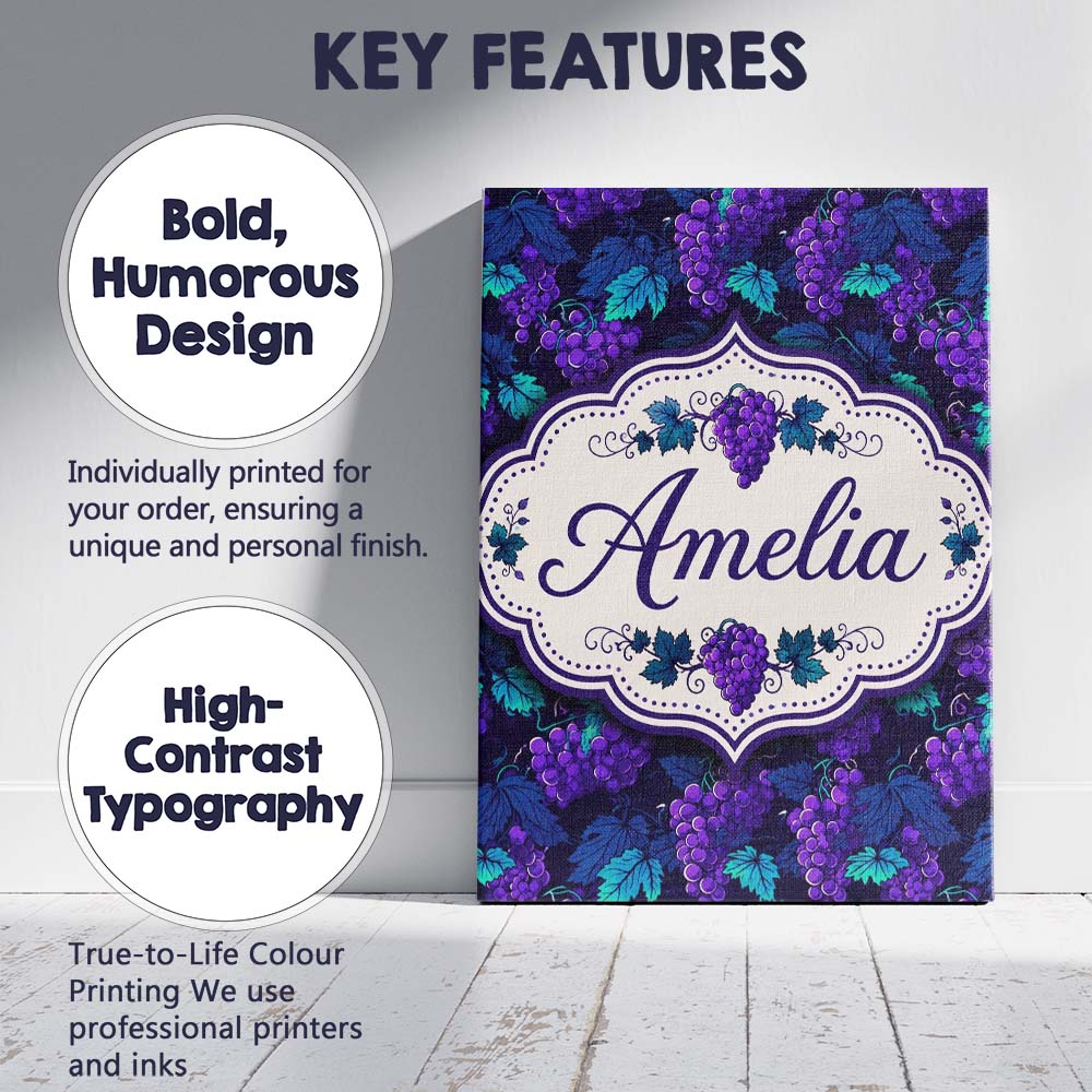 Personalised Name Teal Leaves and Purple Custom  Unique Gift Idea Elegant Feature Canvas Wall Art Print Decor Picture Ready to Hang
