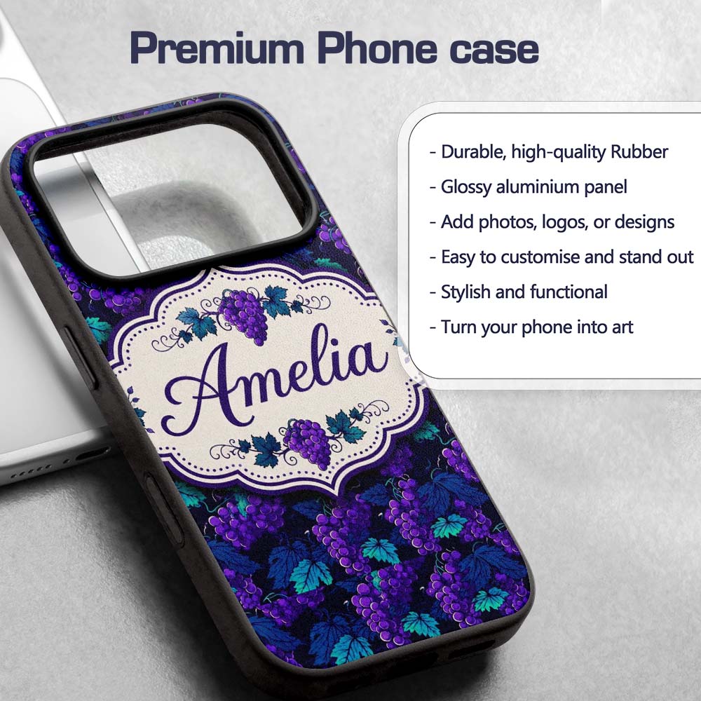 Teal Leaves and Purple Grapes Decorative Seamless Custom Name Protective Phone Case Mobile Cover Durable Everyday Smartphone Shock Resistant