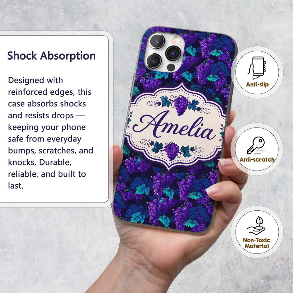 Teal Leaves and Purple Grapes Decorative Seamless Custom Name Protective Phone Case Mobile Cover Durable Everyday Smartphone Shock Resistant