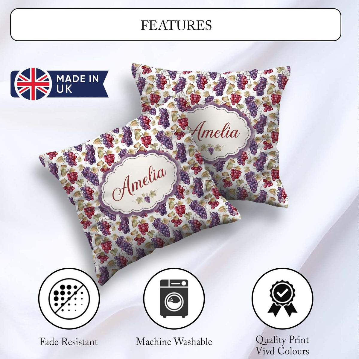 Custom Name Mixed Red and Purple Grapes Botanical Pattern Lovely Square Filled Cushion Throw Pillow Sofa Bed Home Decor Zip Washable UK Made