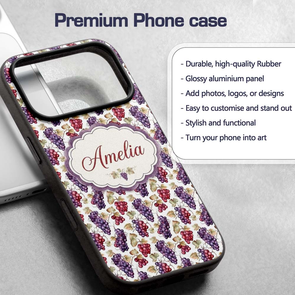 Mixed Red and Purple Grapes Botanical Seamless Custom Name Protective Phone Case Mobile Cover Durable Everyday Smartphone Shock Resistant