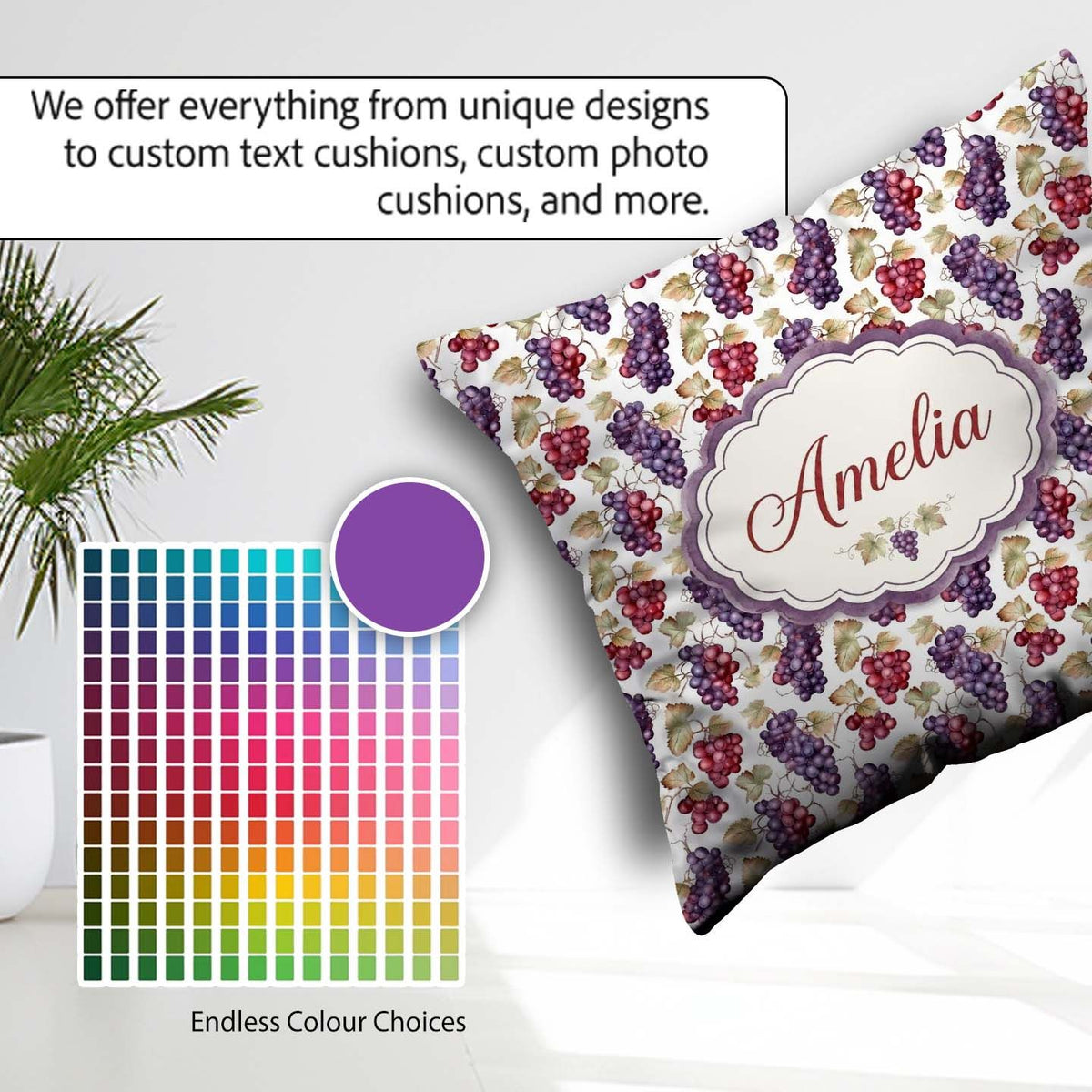 Custom Name Mixed Red and Purple Grapes Botanical Pattern Lovely Square Filled Cushion Throw Pillow Sofa Bed Home Decor Zip Washable UK Made