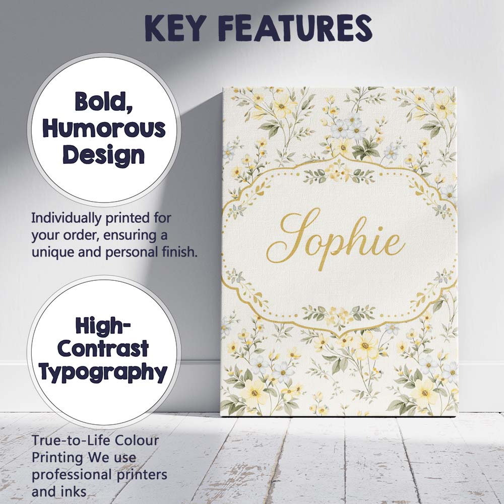 Personalised Name Soft Yellow and White Floral Pattern Cream Background Seamless Custom Canvas Wall Art Print Decor Picture Ready to Hang
