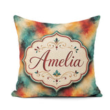 Custom Name Abstract Watercolour in Teal Orange and Red Seamless Square Filled Cushion Throw Pillow Sofa Bed Home Decor Zip Washable UK Made