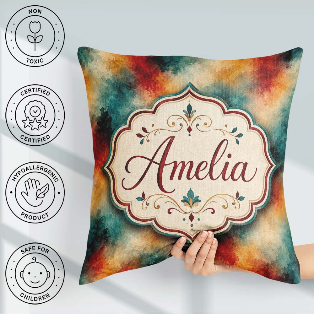 Custom Name Abstract Watercolour in Teal Orange and Red Seamless Square Filled Cushion Throw Pillow Sofa Bed Home Decor Zip Washable UK Made