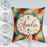 Custom Name Abstract Watercolour in Teal Orange and Red Seamless Square Filled Cushion Throw Pillow Sofa Bed Home Decor Zip Washable UK Made