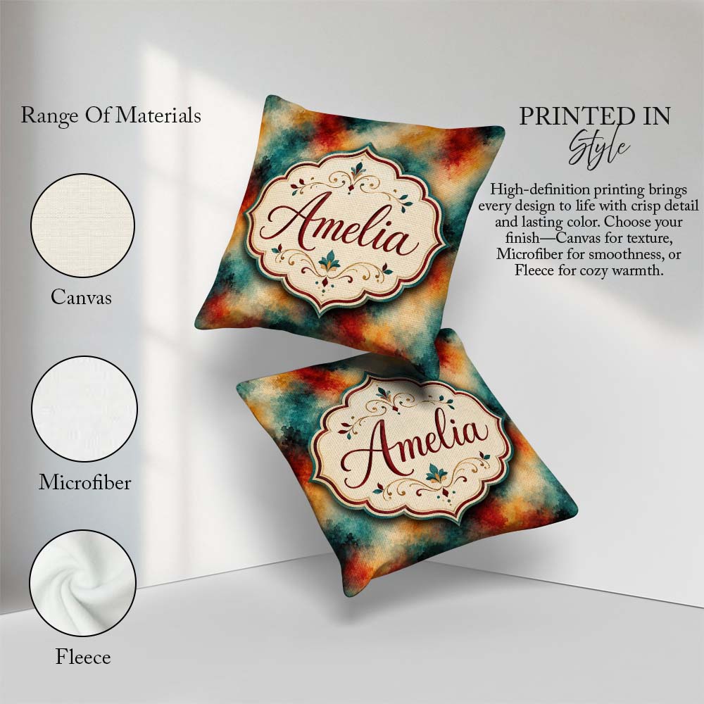 Custom Name Abstract Watercolour in Teal Orange and Red Seamless Square Filled Cushion Throw Pillow Sofa Bed Home Decor Zip Washable UK Made