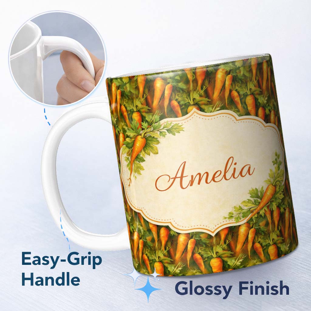 Personalized Custom Name Painterly Rustic Carrot Harvest Vegetable Seamless Pattern Lovely 11oz Ceramic Coffee Tea Mug White Large Handle