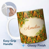 Personalized Custom Name Painterly Rustic Carrot Harvest Vegetable Seamless Pattern Lovely 11oz Ceramic Coffee Tea Mug White Large Handle