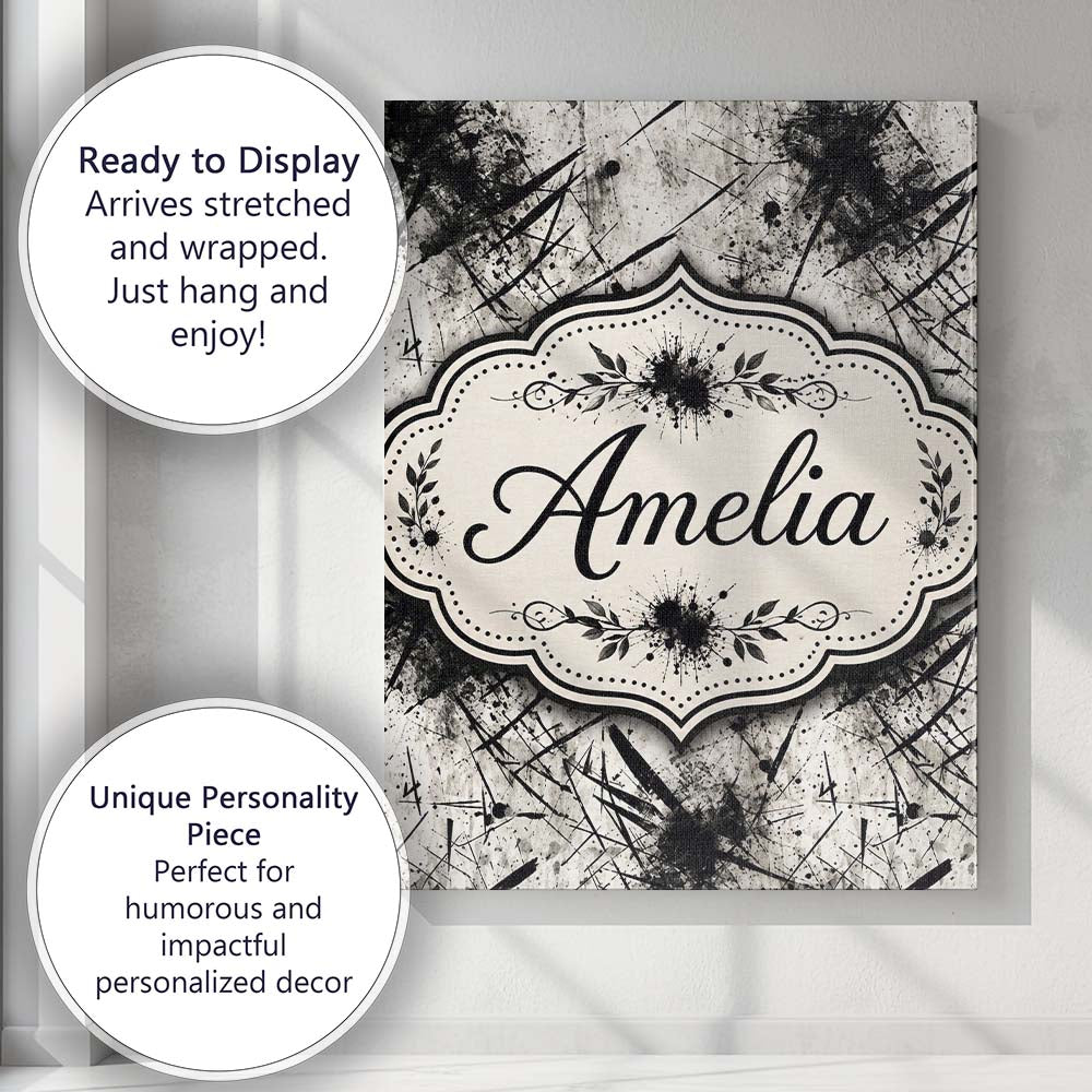Personalised Name Grunge Black Ink Splatter Custom  Bespoke Interior Contemporary Canvas Wall Art Print Decor Picture Ready to Hang