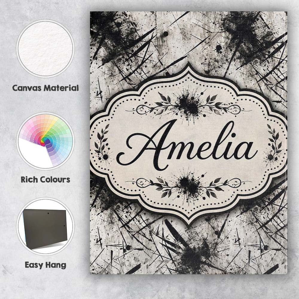 Personalised Name Grunge Black Ink Splatter Custom  Bespoke Interior Contemporary Canvas Wall Art Print Decor Picture Ready to Hang