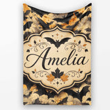 Vintage Halloween Bats in Autumn Leaves Moody Orange and Black  Personalised Custom Name Super Soft Fleece Blanket Bed Sofa Throw