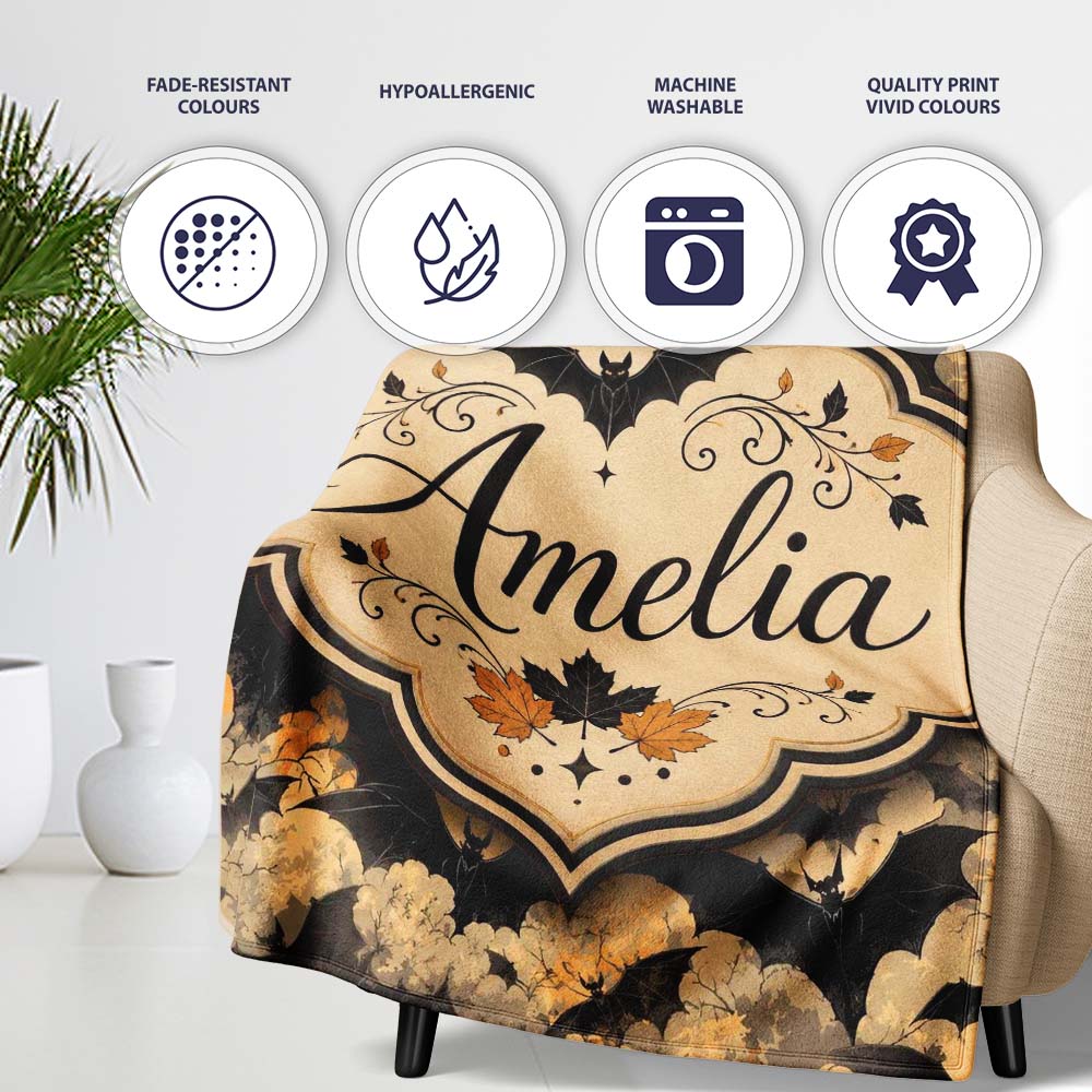 Vintage Halloween Bats in Autumn Leaves Moody Orange and Black  Personalised Custom Name Super Soft Fleece Blanket Bed Sofa Throw