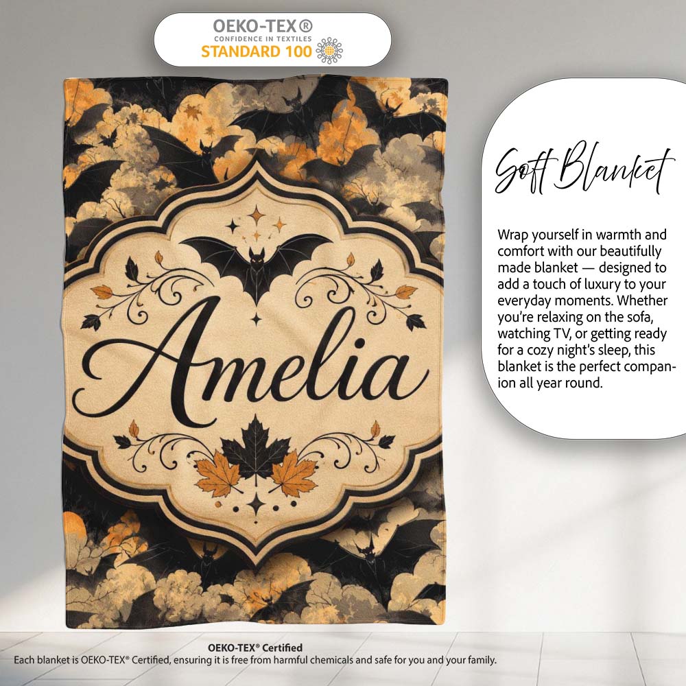 Vintage Halloween Bats in Autumn Leaves Moody Orange and Black  Personalised Custom Name Super Soft Fleece Blanket Bed Sofa Throw