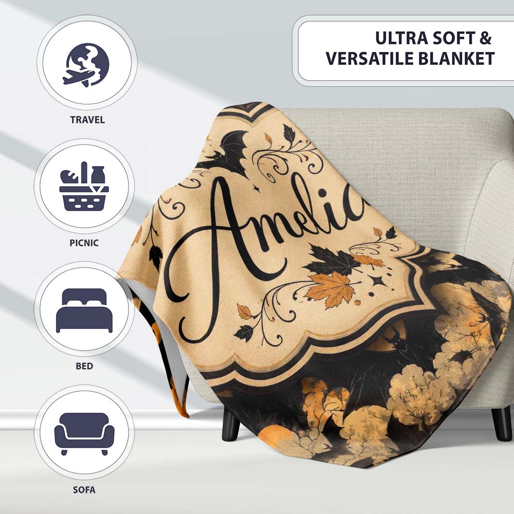 Vintage Halloween Bats in Autumn Leaves Moody Orange and Black  Personalised Custom Name Super Soft Fleece Blanket Bed Sofa Throw