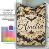 Vintage Halloween Bats in Autumn Leaves Moody Orange and Black  Personalised Custom Name Super Soft Fleece Blanket Bed Sofa Throw