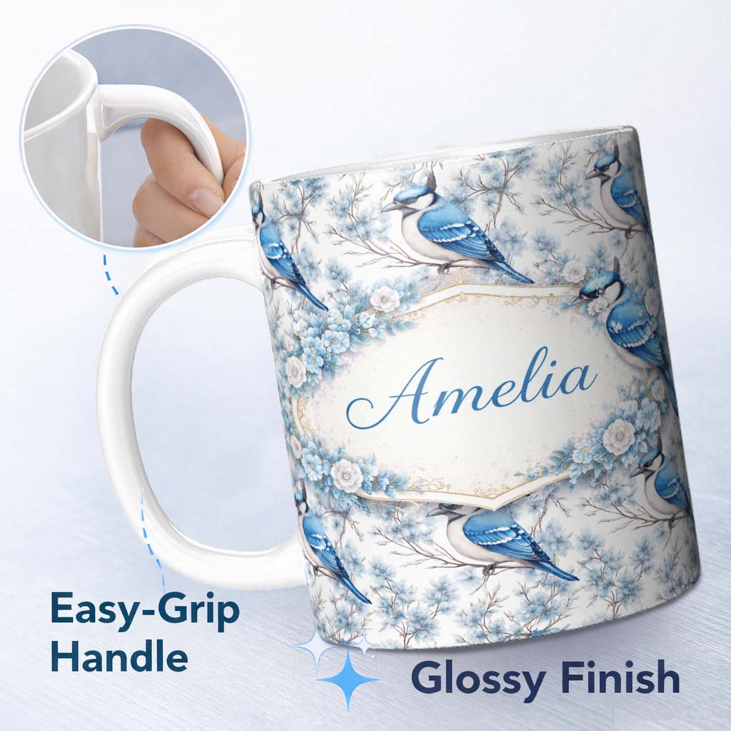 Personalized Custom Name Blue Jay Bird Floral Blossom Seamless Pattern Elegant Nature Lovely 11oz Ceramic Coffee Tea Mug White Large Handle