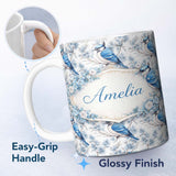 Personalized Custom Name Blue Jay Bird Floral Blossom Seamless Pattern Elegant Nature Lovely 11oz Ceramic Coffee Tea Mug White Large Handle