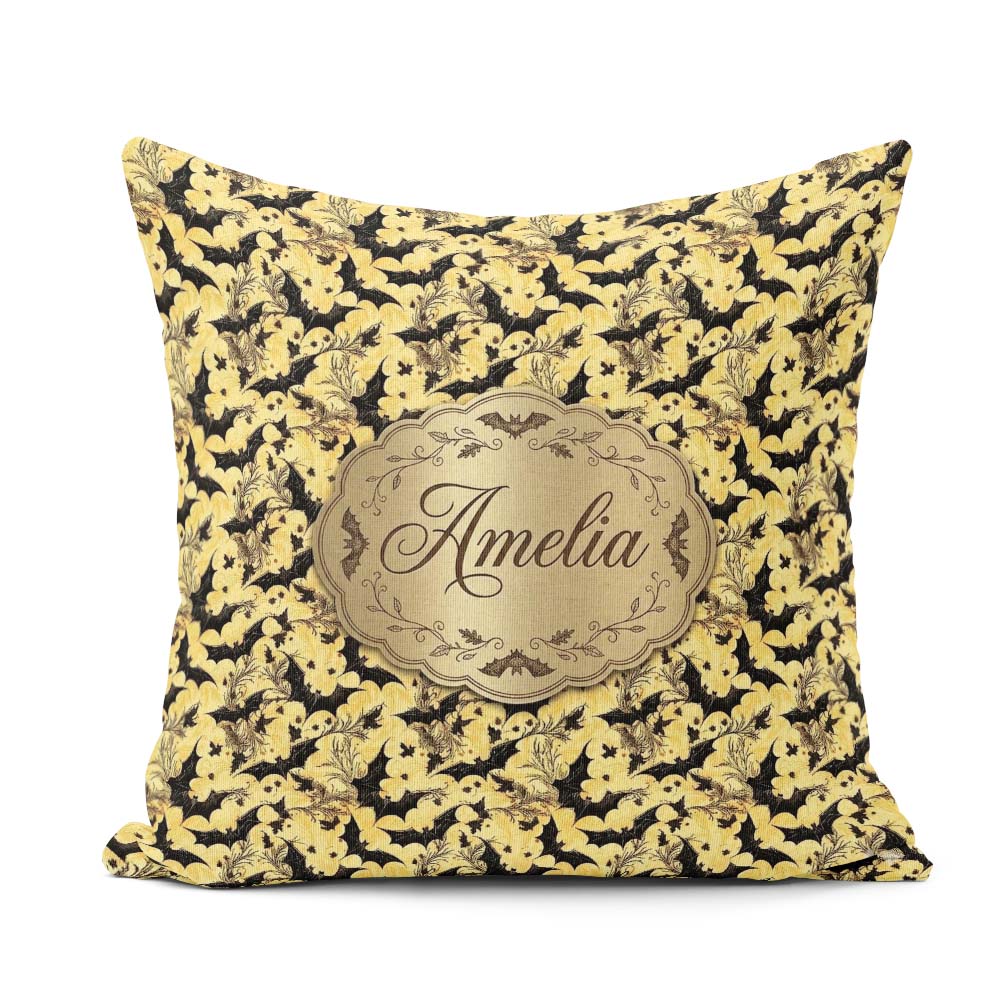 Custom Name Ornate Gothic Bats Floral Swirls on Golden Halloween Square Filled Cushion Throw Pillow Sofa Bed Home Decor Zip Washable UK Made