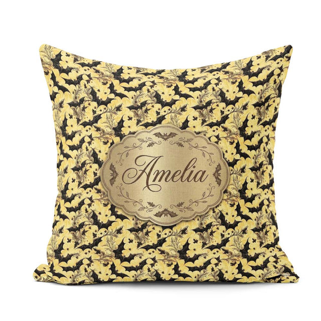 Custom Name Ornate Gothic Bats Floral Swirls on Golden Halloween Square Filled Cushion Throw Pillow Sofa Bed Home Decor Zip Washable UK Made