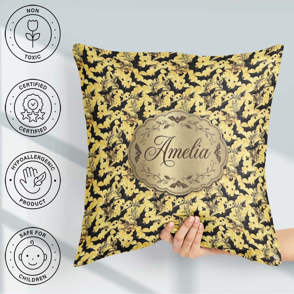 Custom Name Ornate Gothic Bats Floral Swirls on Golden Halloween Square Filled Cushion Throw Pillow Sofa Bed Home Decor Zip Washable UK Made
