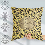 Custom Name Ornate Gothic Bats Floral Swirls on Golden Halloween Square Filled Cushion Throw Pillow Sofa Bed Home Decor Zip Washable UK Made