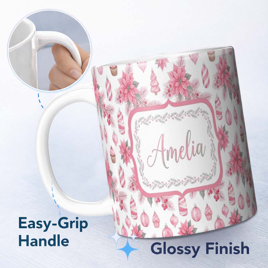 Personalized Custom Name Elegant Pink Christmas Ornaments Holly Leaves Watercolor Seamless 11oz Ceramic Coffee Tea Mug White Large Handle